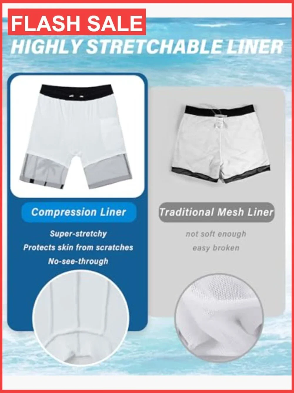 9in Swim Trunks with Compression Liner Pockets Quick Dry Stretch Lined